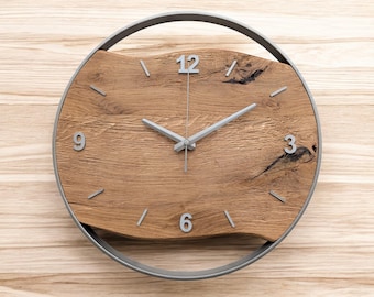 Wall clocks, chopped oak, stainless steel look with steel ring, silent quartz movement, solid wood,