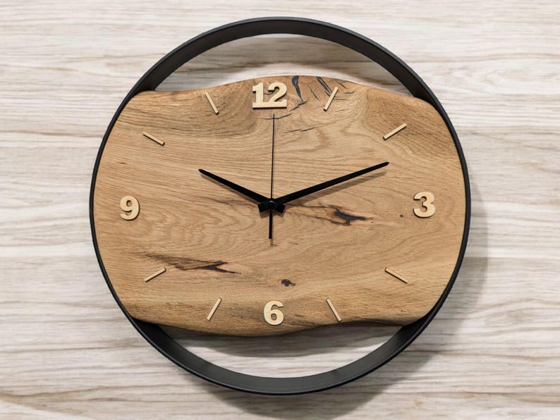 XXL wall clocks made of oak with steel ring, natural wood numbers, silent radio-controlled clockwork, solid wood image 6