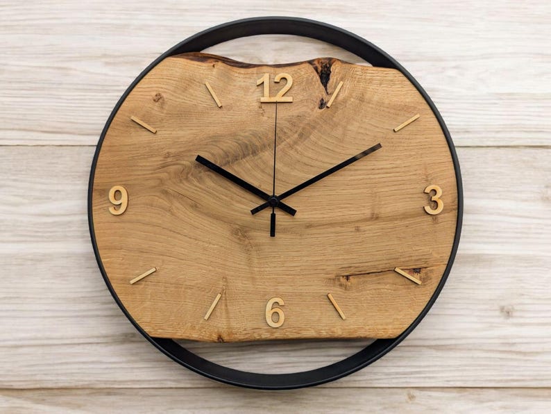 XXL wall clocks made of oak with steel ring, natural wood numbers, silent radio-controlled clockwork, solid wood image 1
