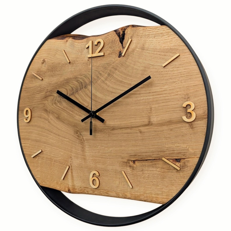 XXL wall clocks made of oak with steel ring, natural wood numbers, silent radio-controlled clockwork, solid wood image 3