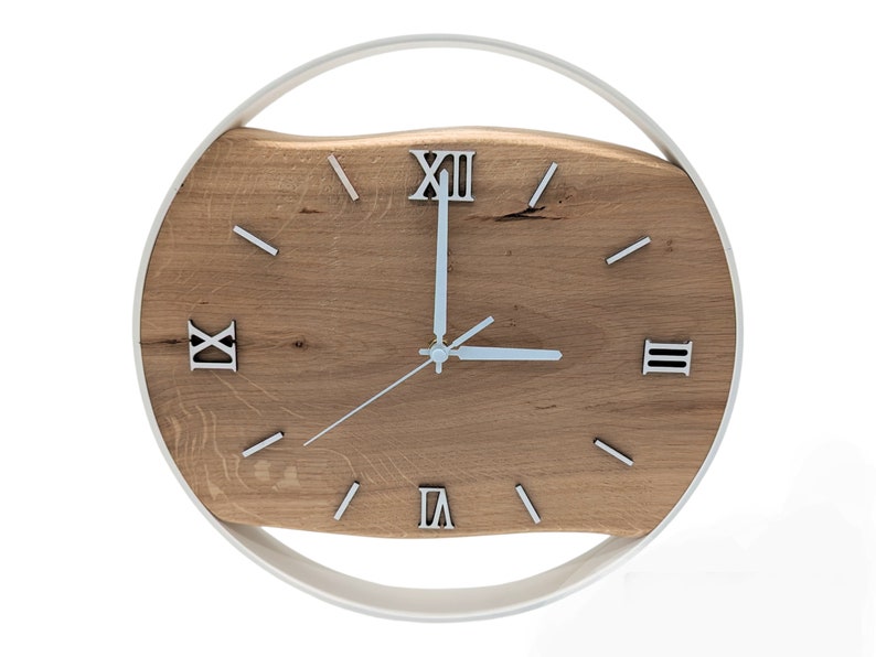 Handmade XXL wall clocks made of oak with steel ring, silent radio clock mechanism, solid wood, modern image 2