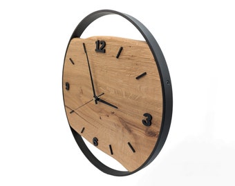 Handmade XXL wall clocks made of oak with steel ring, silent radio-controlled clockwork, solid wood