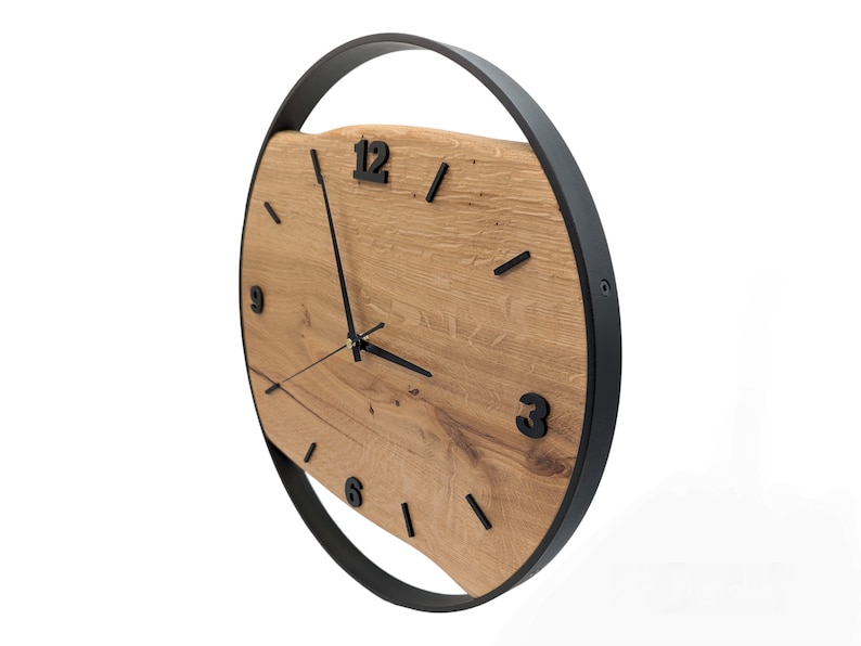 Handmade XXL wall clocks made of oak with steel ring, silent radio-controlled clockwork, solid wood image 1