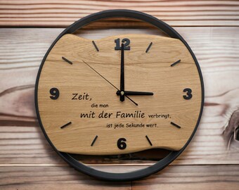 Personalized handmade wall clocks made of oak with engraving of your choice, silent radio-controlled clockwork, solid wood