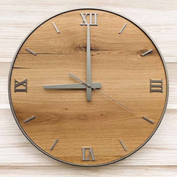 Handmade XXL wall clocks made of oak, stainless steel numbers, metal ring, radio-controlled clockwork silent,