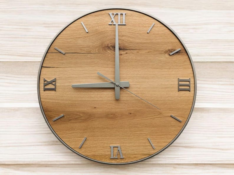 Handmade XXL wall clocks made of oak, stainless steel numbers, metal ring, radio-controlled clockwork silent, image 1