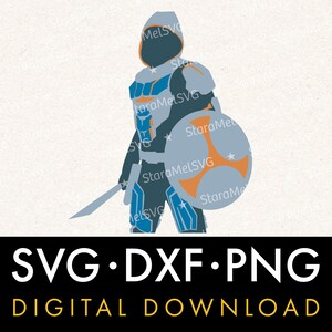 May include: A digital download of a blue and gray hooded figure holding a sword and a shield with an orange cross. The figure is wearing armor and has a star on its chest. The text "SVG DXF PNG DIGITAL DOWNLOAD" is at the bottom of the image.