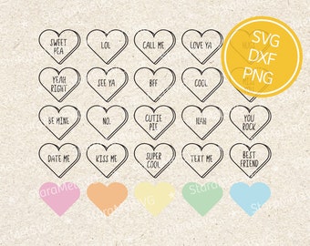Candy Hearts SVG | Valentine&#39;s Day Vector Graphics | Cute Sayings Clipart | Cricut Cut File | Silhouette Cameo DXF | Commercial Use