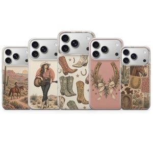 May include: Five smartphone cases featuring Western-themed illustrations. Designs include a desert landscape with a rider on horseback, a person holding a guitar, a pattern of cowboy boots, a horseshoe with a floral bow, and a collage of Western motifs.