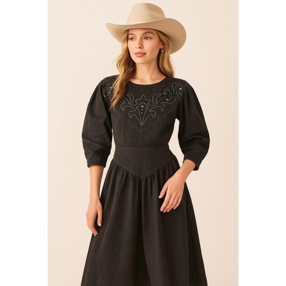 white christmas dresses Western Black Denim Belted Dress – Thomas and Rye main image 0