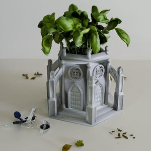 May include: A gray, architectural-style planter filled with vibrant green basil. The planter features arched windows, decorative circular designs, and a detailed facade. A set of keys with a MINI tag rests nearby, along with scattered leaves.