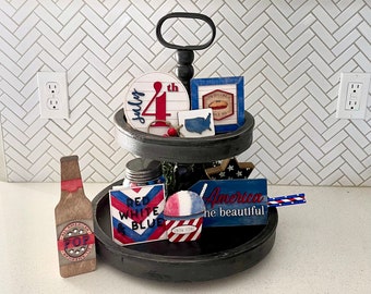 4th of July Tiered Tray Decor | Patriotic Tiered Tray | 4th of July Tier Tray Set | Patriotic Decor | USA | Mini Wood Decor