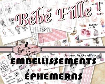 Baby Girl - Embellishments - Ephemeras - Sentiments - PDF of 13 pages of patterns to download - Designed by Dryiell's Scrap - A4 format