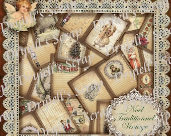 Noël Traditionnel Vintage - Kit papiers design numérique pour junk journal - pages de junk, backgrounds & embellissements - 2 PDF