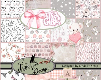 It's a Girl! - 24 printable pages in A4 format - Birth theme - Designed by Dryiell's Scrap -