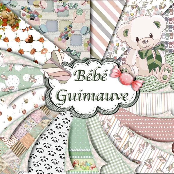 Bébé Guimauve FILLE - Kit Papiers Design imprimable + Ephemeras + Embellissements - 28 pages PDF à télécharger