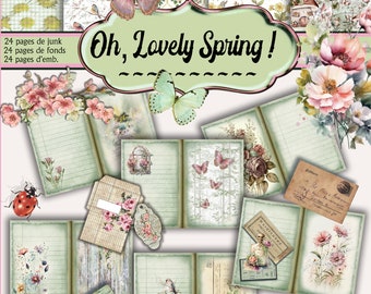 So Lovely Spring - Kit Junk Journal - pages - backgrounds - embellissements - article numérique - 2 PDF - 37 pages