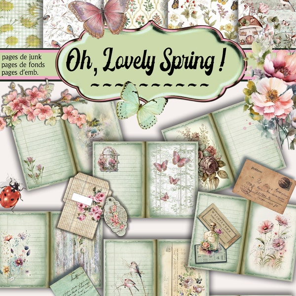 So Lovely Spring - Kit Junk Journal - pages - backgrounds - embellissements - article numérique - 2 PDF - 37 pages