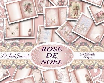 Rose de Noël - Kit de papiers design numérique pour junk journal - 24 doubles pages - printable