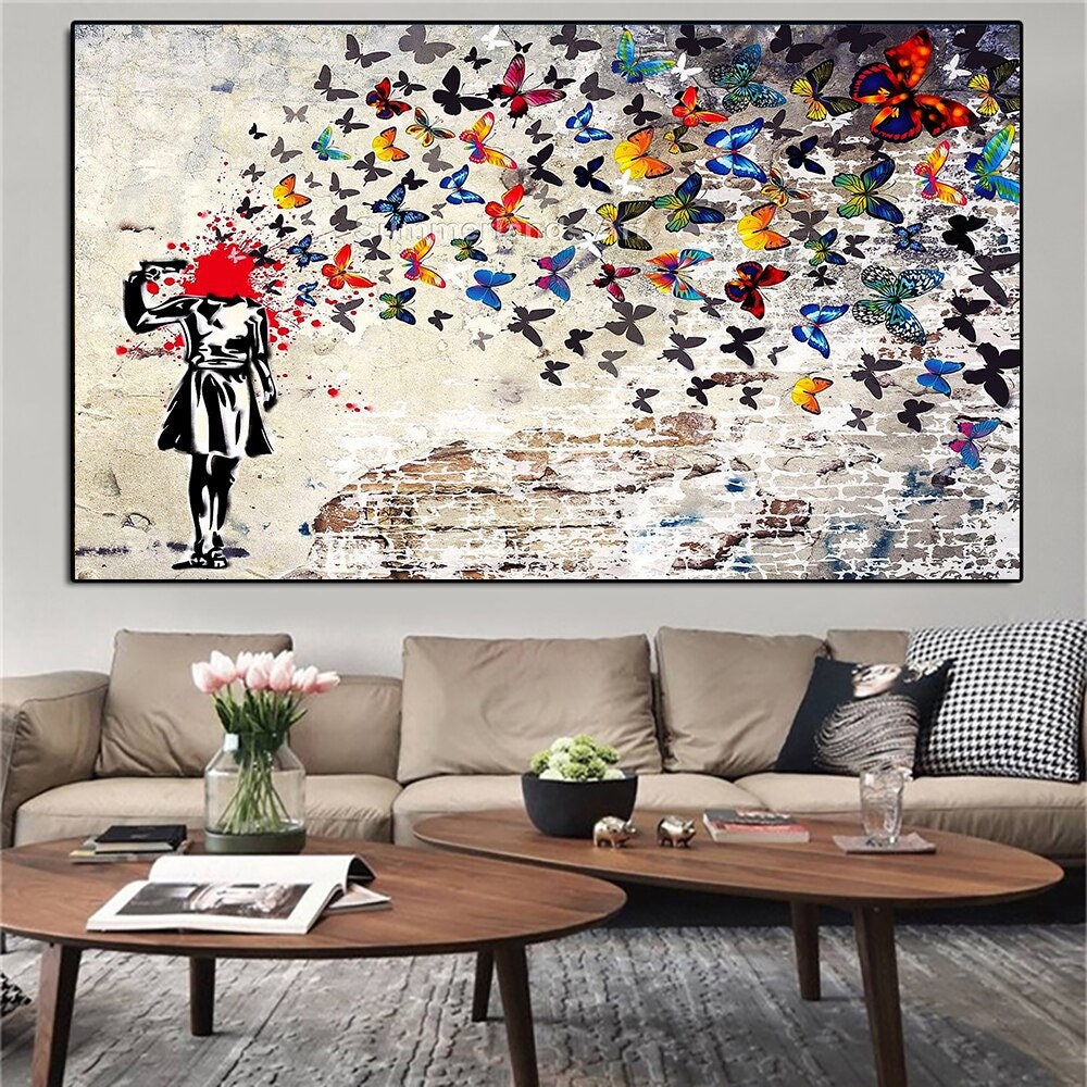 Abstract Banksy Artwork Girl With Butterfly Graffiti Canvas Painting ...