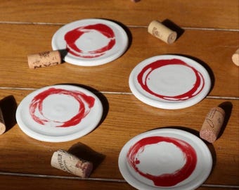Handmade Wine Coasters – Set of 4, Red Wine Stain Design, Modern Ceramic Coaster Set, Unique Hostess Gift
