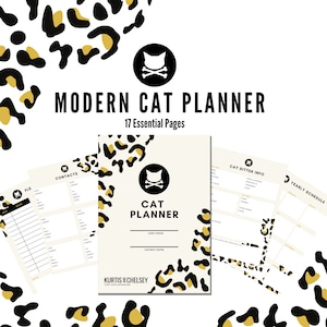 Può includere: Un planner con stampa leopardata nera e oro con il testo "MODERN CAT PLANNER" e "17 Essential Pages". Il planner ha un'icona di gatto bianco e nero con un teschio e ossa incrociate.