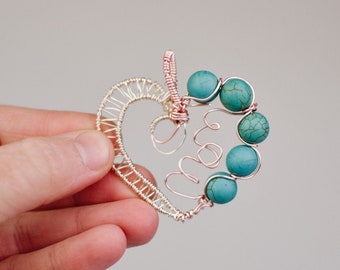 Wire wrapped pendant; turquoise stone beads; Mother's Day gift; READY TO SHIP; wire wrapped jewelry; rose gold