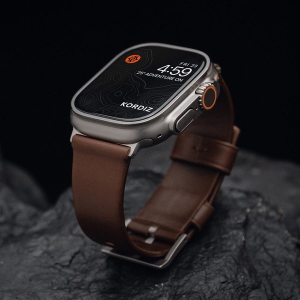 KORDIZ Modern Leather Band - Lederarmband kompatibel für Apple Watch ULTRA & Series 9 8 7 6 5 4 3 2 1 SE2 SE - 49mm 45mm 44mm 42mm