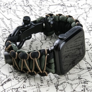 Paracord Apple Watch-band | 49 mm 45 mm 44 mm 42 mm | Koord Apple Watch-bandje | Series 8 7 SE 6 5 4 3 2 1 en Ultra [zwart-groene coyote] [handgemaakt]