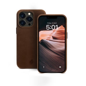 iPhone Leather Case | Compatible with MagSafe & Wireless Charging | Top Grain Leather | Lip Screen Protection [Crazy Horse Dark Brown]