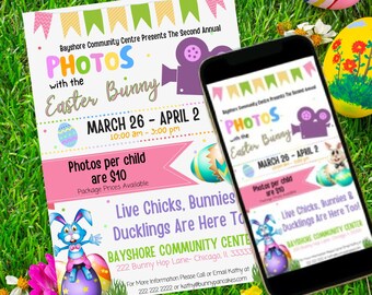 Cute Photos with the Easter Bunny Flyer, Printable Invite School, Church Community Fundraiser, Spring Easter Bunny Event EDITABLE TEMPLATE