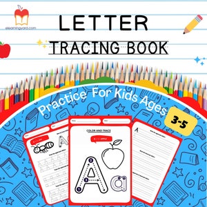 May include: A colorful letter tracing book for kids aged 3-5. The cover features the text "LETTER TRACING BOOK" and "Practice For Kids Ages". Inside, pages show letter tracing exercises with illustrations of an ant and an apple.