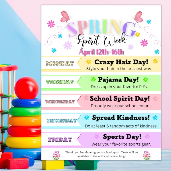 Spring Spirit Week Editable Itinerary Schedule | Printable DIY Spirit Week | School PTO/ PTA  April Planner Flyer Instant Download