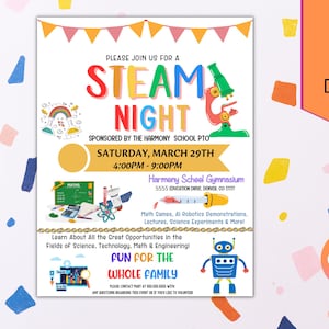 May include: A colorful invitation for a STEAM Night event at Harmony School Gymnasium on Saturday, March 29th from 4:00 PM to 9:00 PM. The event is sponsored by the Harmony School PTO and features math games, AI robotics demonstrations, lectures, science experiments, and more.