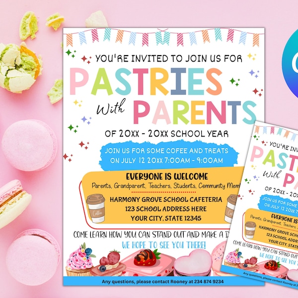 EDITABLE Pastries with parents flyer, PTA Breakfast School Fundraiser, Parent Breakfast Parent Appreciation Fundraiser