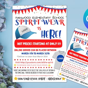 School Spirit Wear Fundraiser Flyer, Clothing T-shirt Sale, Printable Sales Flyer, Church Nonprofit School PTO PTA Event, Editable Template