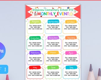 Printable PTO PTA Monthly/Yearly, Pto/pta Parent , ear at a Glance Instant Download, Back to School Calendar