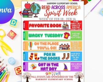 Reading Across America, Spirit week template, School spirit week, Spirit week planner, Edit yourself instant download, PTO PTA Spirit week