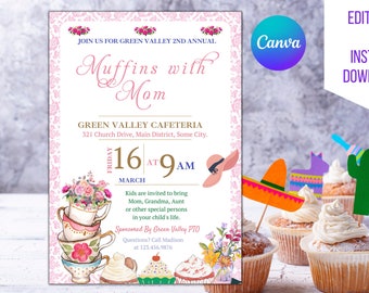 Muffins editables con mamá, invitación para el Día de la Madre, recaudación de fondos para las mamás de la escuela, brunch del Día de la Madre de la PTA/PTO