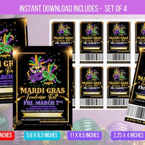 EDITIERBARER Mardi Gras Fundraiser Ball Einladungsflyer mit Einladungskarte, Maskenball formal, Schulkirche Event Benefiz, PTO PTA