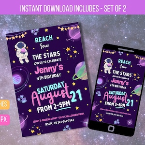 Convite editável Reach Four the Stars, aniversário de astronauta de planetas do espaço sideral, convite para festa espacial para impressão, download instantâneo de e-vite