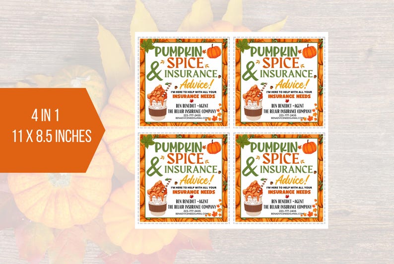 EDITABLE Pumpkin Spice & Insurance Advice Card, Fall Insurance