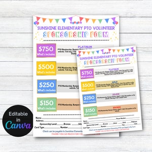 PTO PTA Sponsorship Form School, Sponsorship Signup Printable Handout, Fundraiser Event Donation Sign up Membership Form