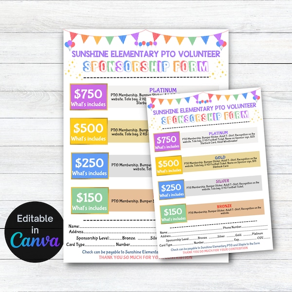 Pta Sponsorship Levels Template Etsy