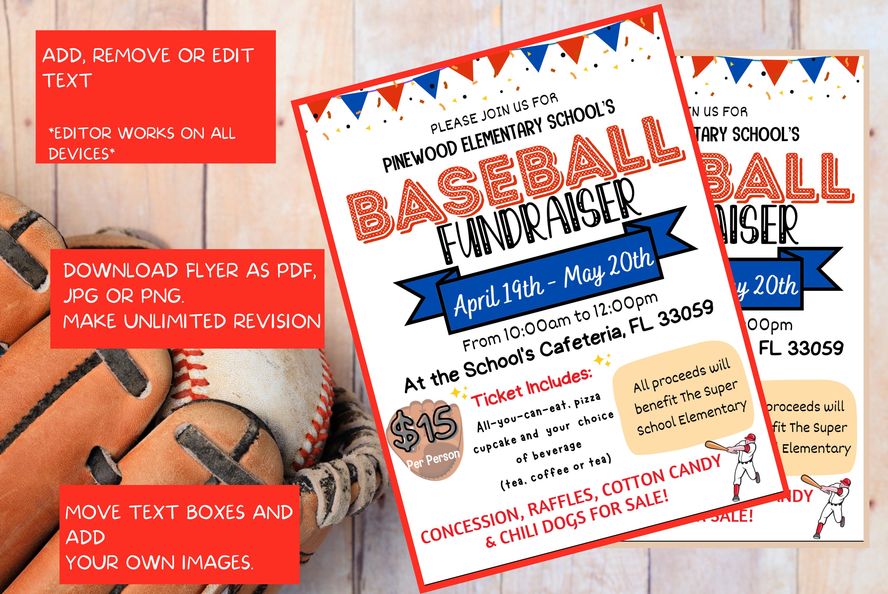 Baseball Raffle Poster EDITABLE Baseballs Fundraiser Flyer Template, Charity Non Profit Event ...