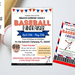EDITIERBARE Baseballs Fundraiser Flyer Vorlage mit Ticket, Charity Non Profit Event, Sport Selbstbearbeitung, Benefiz Fundraiser Event Poster