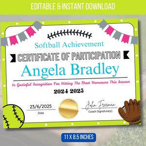 EDITABLE Softball Certificate Award Template, Girls Softball Team Participation Awards, Sports Achievement Certificate Instant Download
