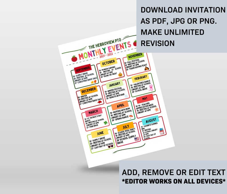 Editable Monthly Event Calendar Flyer Template, Year at a Glance, School Year Fundraiser Event, Volunteer Meeting Agenda image 6