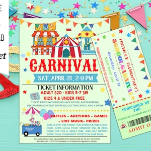 EDITABLE Carnival Flyer& Ticket, Printable PTA PTO Flyer, School Church Benefit Fundraiser Event Poster, Digital Party Printable Invitation