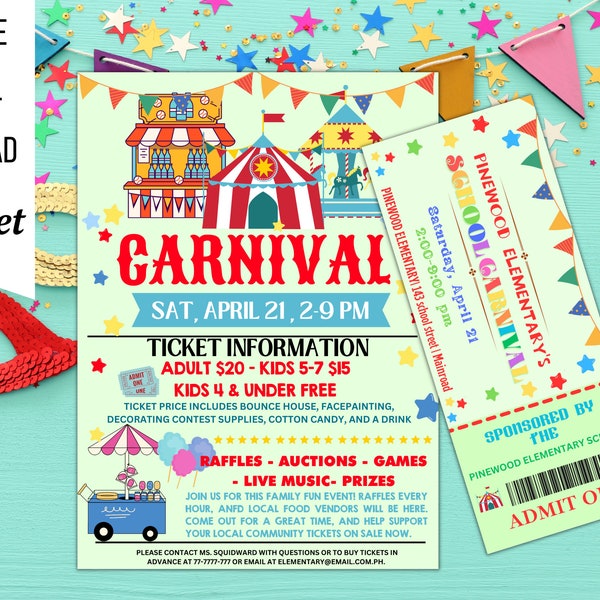 EDITABLE Carnival Flyer& Ticket, Printable PTA PTO Flyer, School Church Benefit Fundraiser Event Poster, Digital Party Printable Invitation